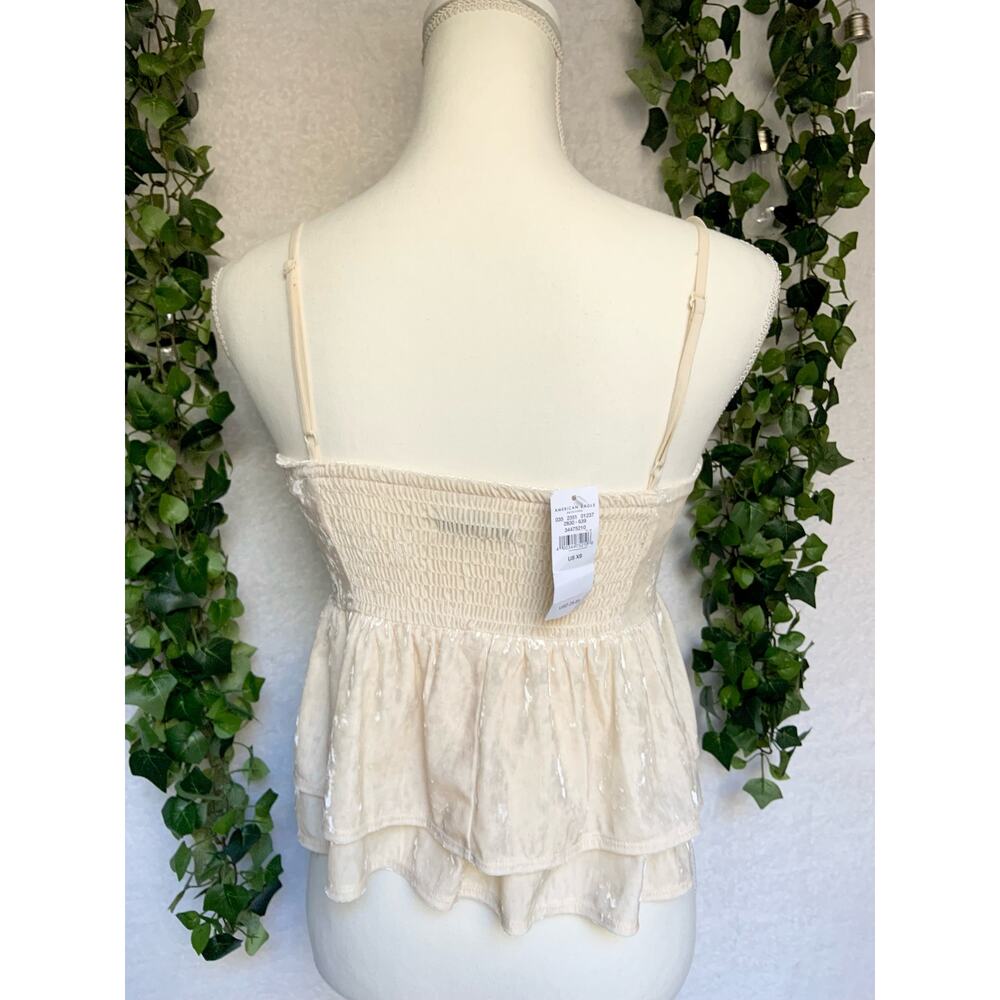NWT American Eagle Outfitters Cream Ruffled Velour Peplum Top Blouse Women's XS - Picture 2 of 9